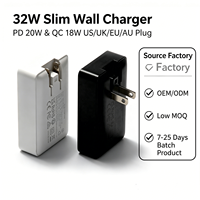 Chargeur mural fin HNT ODM/OEM 32W avec charge rapide PD 20W et QC 18W, avec prise UK/US/AU/JP pour iPhone, Galaxy, téléphone Android