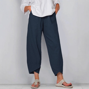 Pantalon droit ample pour femme, longueur cheville, décontracté, en coton et lin, taille élastique, coupe courte - Product Image 5