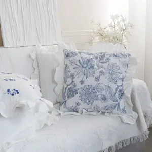 Almofada de sofá bordado de flor de algodão puro estilo europeu, capa bordada de cor lisa de lótus para quarto