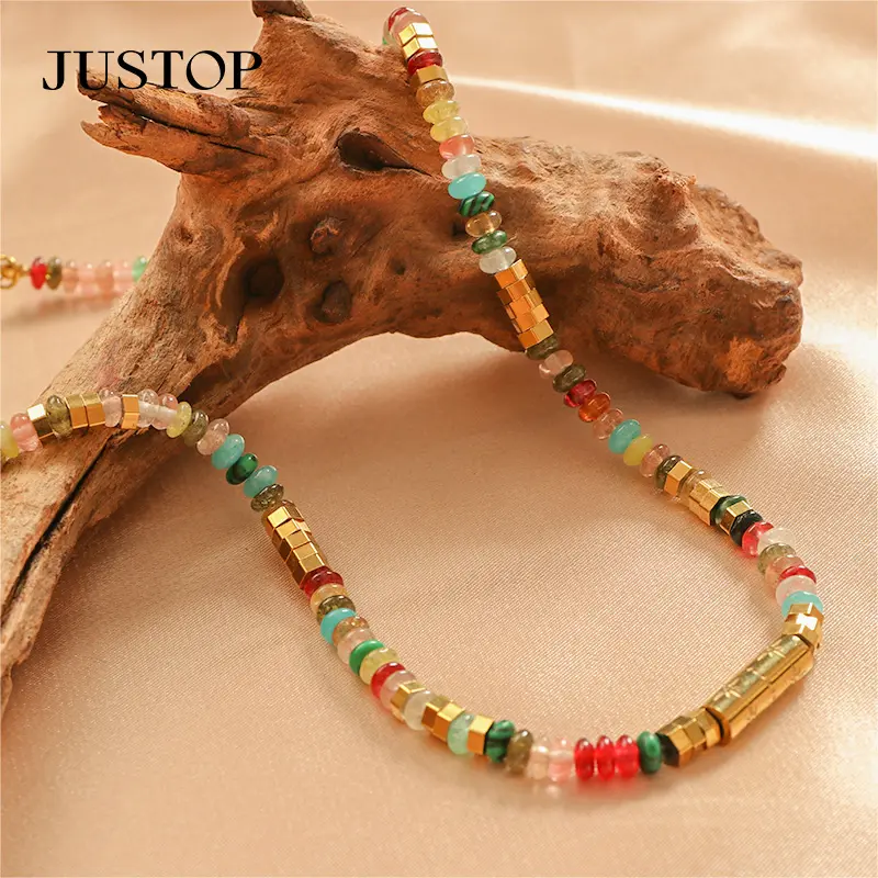 Fashion Stainless Steel 18K Gold Texture Light Luxury Color Natural Stone Hand-Beaded Necklace