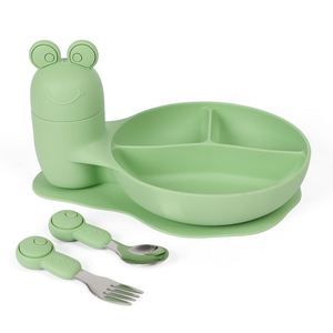Assiette à ventouse en silicone pour bébé, 3 compartiments, avec cuillère et fourchette, qualité alimentaire, sans BPA, vaisselle pour repas des tout-petits - Product Image 1