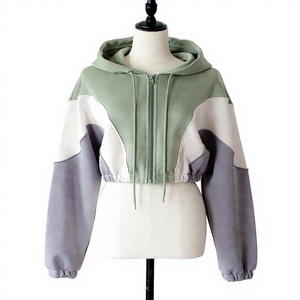 Sweat-shirt court en tricot à capuche color block pour femme, avec fermeture éclair et épaules tombantes, style décontracté automne - Product Image 1