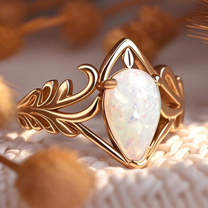 Anello di Fidanzamento Classico in Ottone con Foglia e Goccia d'Acqua, Imitazione Opale, Gioiello di Lusso Leggero, Regalo - Product Image 2