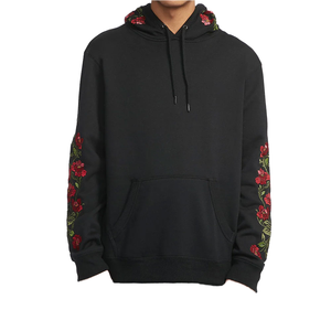 <b>Men's</b> Black 100% Cotton Oversized Autumn Zipper-Up Hoodie <b>Red</b> Floral Embroidery Sleeve Detail Drawstring Hood Kangaroo Pocket - Product Image 1