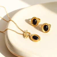 Ensemble de bijoux en acier inoxydable plaqué or avec agate noire, collier et bague ovales tendance pour femme, cadeau