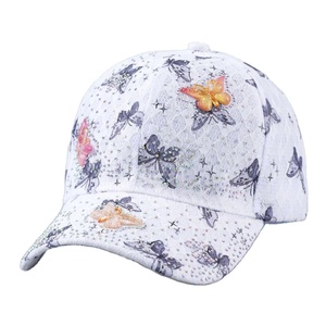 Gorra de Béisbol de 6 Paneles con Diseño de Libélula y Encaje, Tejido de Malla Transpirable, Visera Curva Ajustable, con Pedrería - Product Image 1