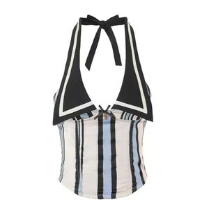 Nouveautés : Ensemble d'été pour femme, chemise sans manches et mini-jupe moulante avec col suspendu et sac contrastant à rayures - Product Image 2