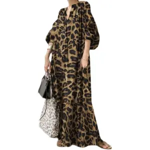 Großhandel 2024 Frühling Damen neues Temperament Leoparddruckkleid Runder Nacken Puffärmel Mode Baumwolle Freizeitkleider für Damen