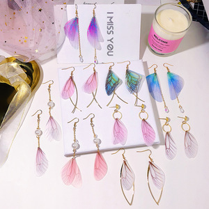 Pendientes <span class=keywords><strong>de</strong></span> mariposa con alas <span class=keywords><strong>de</strong></span> gasa y borlas, aretes largos <span class=keywords><strong>de</strong></span> dos perlas, estilo coreano, bohemio, Vintage, joyería chapada en oro - Product Image 1