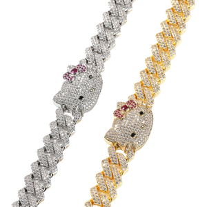 Colliers à maillons cubains en zircon motif chat de dessin animé, entièrement sertis de diamants, chaînes tendance pour style hip-hop - Product Image 1
