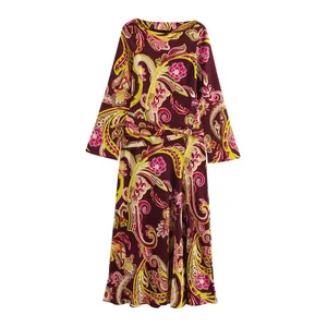 2025 nuovo abito Casual da donna con girocollo a maniche lunghe a campana con stampa floreale Paisley, cravatta in vita naturale per uscite estive quotidiane - Product Image 2