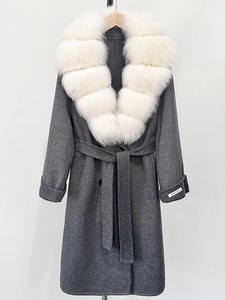 Manteau de laine de luxe à la mode avec ceinture gros poignets en fourrure de renard véritable manteau de laine long manteau de laine de cachemire femmes - Product Image 4