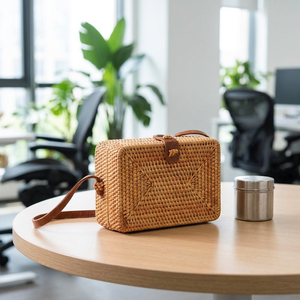 Handmade Natural Rattan Woven Crossbody Shoulder <b>Bag</b> Vintage Brown Rectangular <b>Straw</b> Handbag for Women - Product Image 1