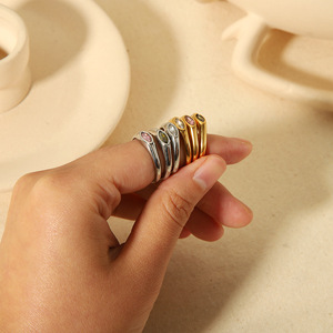 Fine <b>Rings</b> 18K <b>Gold</b> Stainless Steel Diamond <b>Set</b> Bezel Setting Women's Everyday Wear Geometric Design TR4195 - Product Image 3