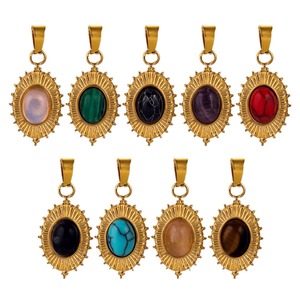 Colgantes Ovalados de Piedra Natural con Diseño de Rayos de Sol |   Acero Inoxidable Chapado en Oro PVD de 18K y Piedras Ovaladas para la Fabricación de Joyas - Product Image 5