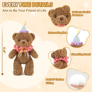 Exquisitos muñecos de oso con bufanda y sombrero de cumpleaños para niños de más de 36 meses, arandela de bloqueo de 11,8 pulgadas, ojos, oso de peluche pequeño marrón - Product Image 4