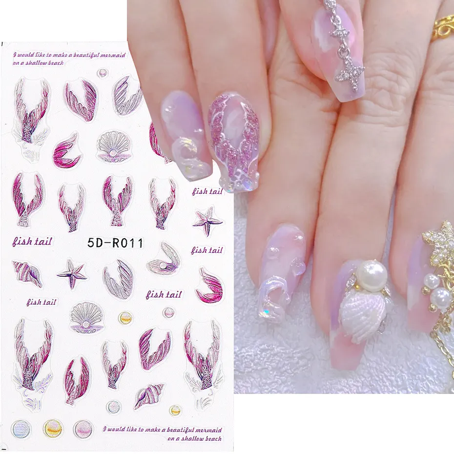 Yeni stil 5D kabartmalı tırnak çıkartmaları Mermaid Nail Art dekorasyon kaydırıcılar manikür çıkartmalar çıkartmaları çivi için