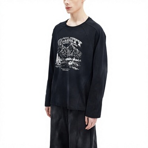 Camiseta Negra Extra Grande de Manga Larga para Hombre con Estampado de Montaña, Manga Raglán, Cuello Redondo, Informal, de Algodón - Product Image 4
