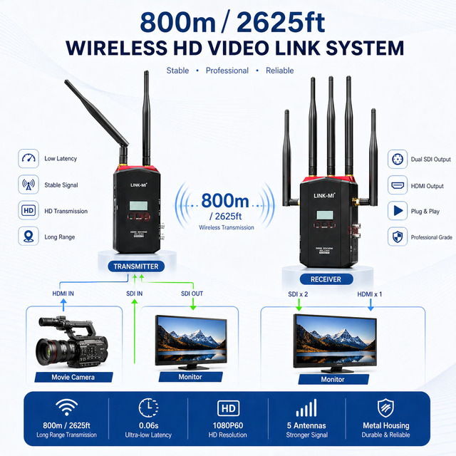 800m/2625ft Wireless Transmitter and Receiver HDMI HD-SDI 3G-SDI with Transmitter to Multiple Receivers
