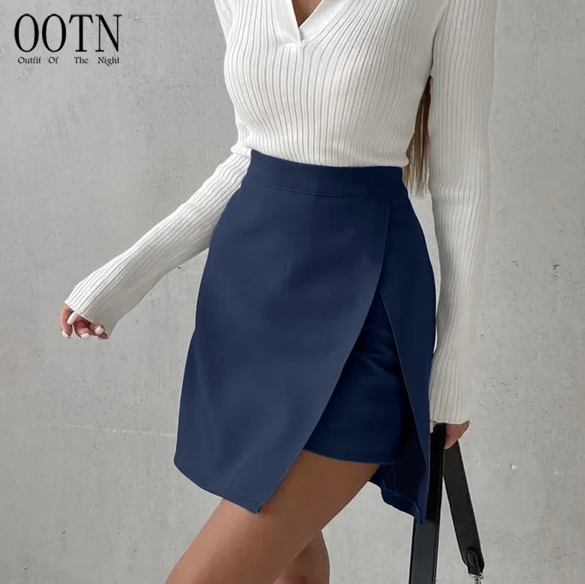 OOTN Autumn Fashion Streetwear Blue Slim Short Skirt Women 2022 High Waist Office Irregular Mini Skirts Sexy Split A-Line Skirts