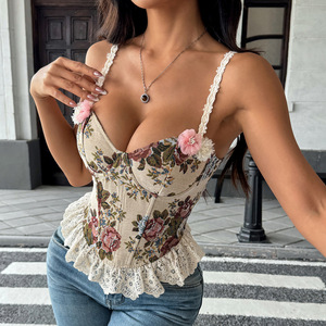 Camisole en dentelle d'inspiration vintage florale française - <span class=keywords><strong>Bustier</strong></span> à col nœud et laçage frontal avec bretelles réglables - Product Image 1