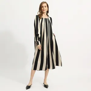Casual Stripe Long Dress For Women Midi Fashion Long Sleeve Loose Elegant Modest Dresses