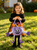 Sac à bonbons en peluche monstre mignon avec logo personnalisé, LED, pour Halloween, sac à bonbons lumineux, pliable, réutilisable, panier d'Halloween