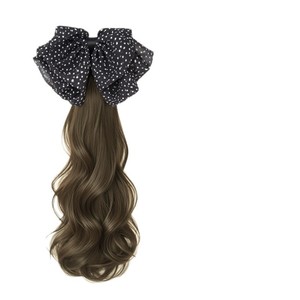 Perruque queue de cheval ondulée réaliste pour femme avec clip, style coréen, queue de cheval basse en maille papillon, motif pois ondulés - Product Image 2