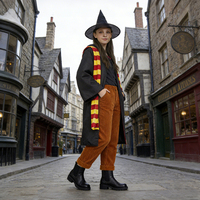 Costume de magicien classique pour adultes, fabriqué en usine, certifié CPC, longue cape noire en polyester, robe de sorcier d'Halloween, écharpe rayée