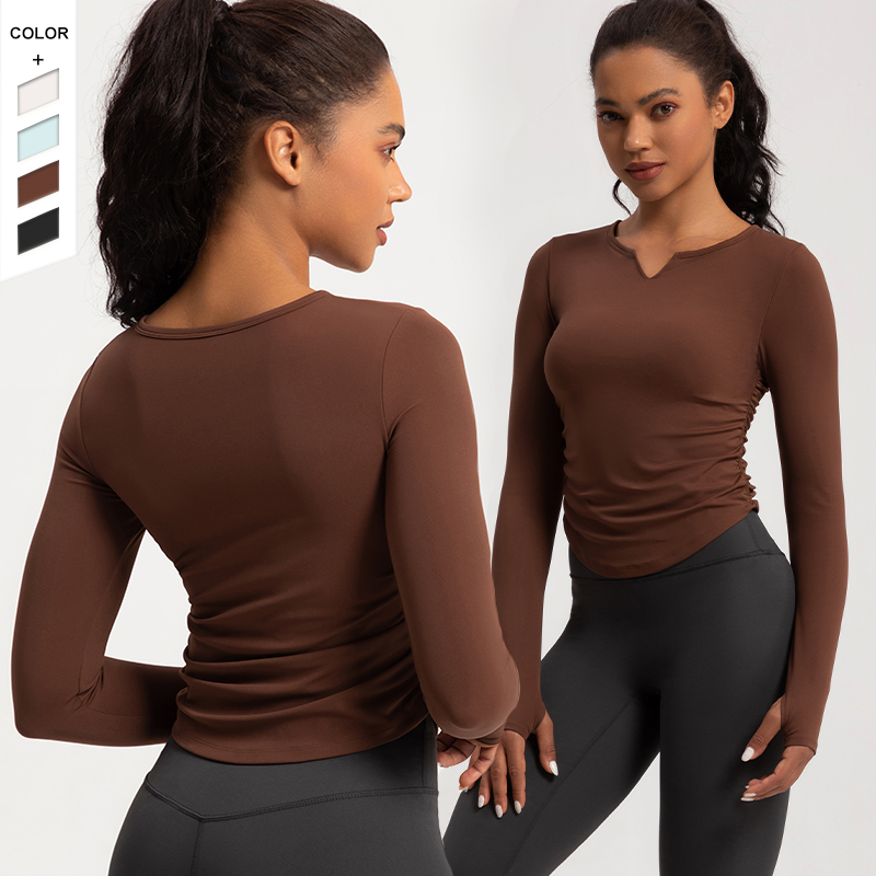 Customized Logo High StretchFitness Long Sleeves Thumb Holes Waist Side Pleated Running Fitness Long Sleeves