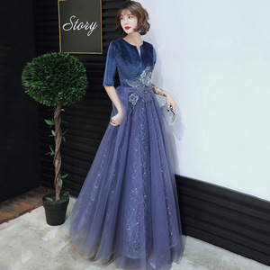 Women's Evening Gown Navy Blue V Neck Long Velvet Dress With Floral Embroidery For Banquets And Performances - Product Image 2