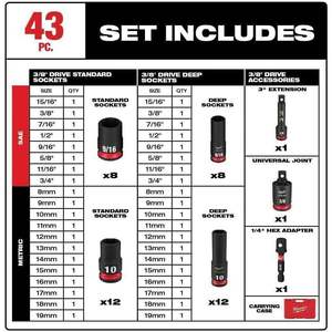 Jeu de douilles profondes à 6 points en acier forgé de 3/8 po pour vannes à cliquet, 43 pièces, avec accessoires, pour usage intensif Shockwave - Product Image 5