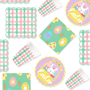 DAMAI Pink and Green Cross Grid Pattern Plate Set <b>Easter</b> Bunny and Egg-themed Disposable Paper Napkin for <b>Easter</b> Celebrations - Product Image 2