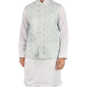 Conjunto de Kurta, Pijama y Chaleco 3 en 1 para Hombre, Algodón, Ropa Tradicional Étnica India, Diwali Puja, Blanco - Product Image 3
