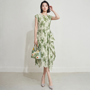 Vestido Midi 2026 con Diseño Artístico, Pliegues en Contraste, Tejido Ecológico, Diseño Irregular, Elegante, Casual, Estampado Floral, para Dama - Product Image 1