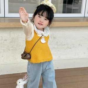 Tongxingyuan Girls Yellow Knit Vest Shirt And Wide Leg Jeans Set Spring Autumn Three Piece Outfit - Product Image 2