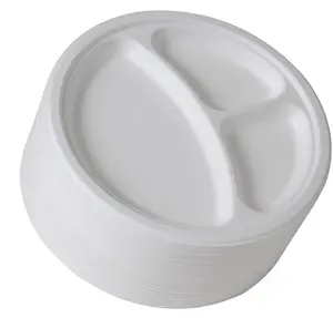 Premium Composteerbare Composteerbare Borden Voor Eenmalig Gebruik Wegwerp Servies 3 Compartiment Witte Ronde Biologisch Afbreekbare Bagasse 9 Inch Plaat