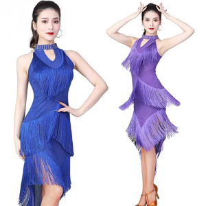 Éblouissantes femmes danse <span class=keywords><strong>Salsa</strong></span> Samba vêtements col haut Spandex franges robes latines sans manches irrégulière longue robe avec collier - Product Image 2