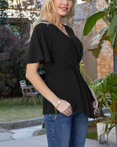 Dropshipping elegante encaje hasta gasa blusa de media manga <span class=keywords><strong>mujer</strong></span> trabajo diario al aire libre moda nudo frontal camisas Chic Tops a juego - Product Image 5