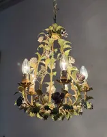 Feuilles vertes Lustre en tole italien antique Plafonnier en métal Fleurs Bougie Lampe