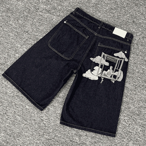 Pantaloncini <span class=keywords><strong>Jeans</strong></span> Neri Larghi di Alta Qualità per <span class=keywords><strong>Uomo</strong></span>, Pantaloni in Denim Personalizzati con Ricamo Pesante, <span class=keywords><strong>Jeans</strong></span> Estivi Y2K Derschutze per <span class=keywords><strong>Uomo</strong></span> - Product Image 1