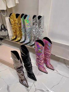 Bottes classiques pour femmes, mode été-automne, hauteur genou, métalliques brillantes, froncées, à bout pointu, talon bloc épais, en PU, à enfiler, respirantes - Product Image 4