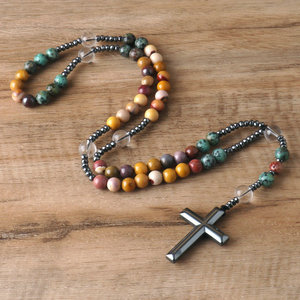 8mm Piedra Natural Moukaite católico Cristo Rosario collares meditación joyería Cruz colgante hombres collar - Product Image 1
