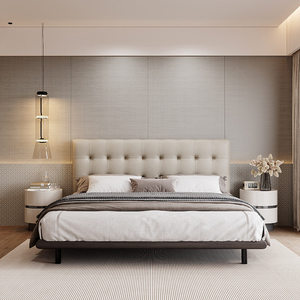Letto in Pelle, Stile Moderno <span class=keywords><strong>e</strong></span> Semplice di Lusso, Struttura in Legno Massello, Testiera in Pelle, Letto Matrimoniale Crema per Camera da Letto Principale - Product Image 1