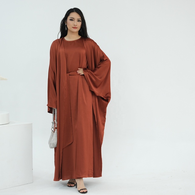 Mexizo 2024 Luxury Satin Two Pieces Islamic Clothing Set Sleeveless Dress With Kimono Abaya Solid Color Modest Abaya Set