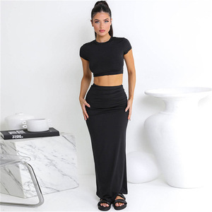 MD70256 Robes longues printemps-automne pour <span class=keywords><strong>femmes</strong></span> Nouveau t-shirt court à nombril pour <span class=keywords><strong>femmes</strong></span> Jupe taille haute aux hanches Costume décontracté - Product Image 3