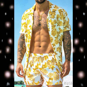 Conjunto de Dos Piezas Casual de Verano 2025 para Hombre, Estilo Hawaiano Transpirable, Pantalones Cortos de Punto de Manga Corta, Rayas y Diseños Sólidos - Product Image 3