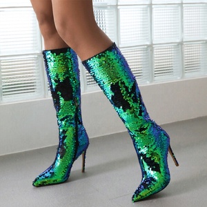 Fashion Glitter Shiny Upper Women's Knee High <b>Boots</b> High Thin Heels Shoes Side Zipper Pointed Toe Party Long Booties for Ladies - Product Image 1