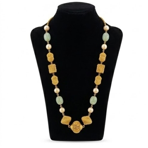 Collar Mala de Plata 925 con Perlas Antiguas y Piedras Verdes, Joyería de Diseño Étnico Tradicional con Cadena Larga para Mujer - Product Image 2