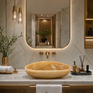 Poulars Wholesale Luxury Wall-mounted Natural Stone Man Made Pedestal Hand Washing Sink Cream Yellow Onyx Marble Stone Basin - Product Image 1